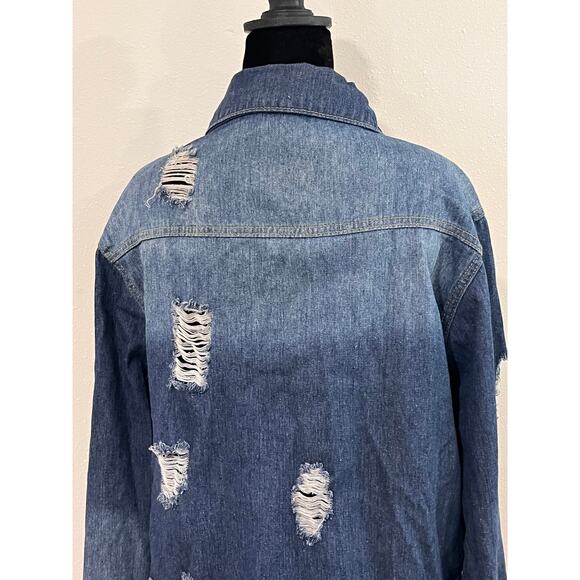 Oversized Distressed Denim Jacket Grunge Y2K Festival Longline Shacket XL - Picture 9 of 14